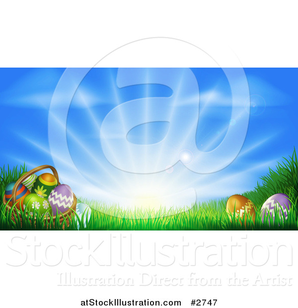 Vector Illustration of a 3d Easter Basket and Eggs Set in Ggrass Under a Blue Sky with Sunshine