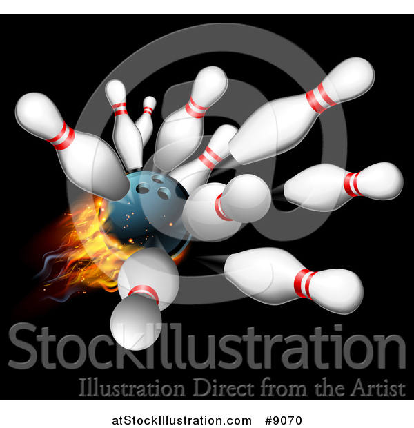 Vector Illustration of a 3d Fiery Bowling Ball Crashing into Pins over Black