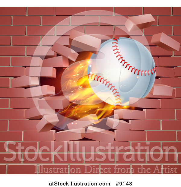 Vector Illustration of a 3d Flying and Blazing Baseball with a Trail of Flames, Breaking Through a Brick Wall