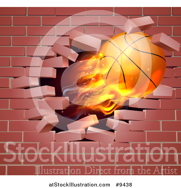 Vector Illustration of a 3d Flying and Blazing Basketball with a Trail of Flames, Breaking Through a Brick Wall