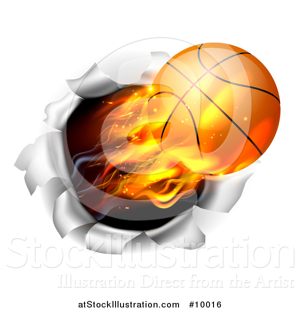 Vector Illustration of a 3d Flying and Blazing Basketball with a Trail of Flames, Breaking Through a Wall