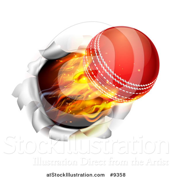 Vector Illustration of a 3d Flying and Blazing Cricket Ball Breaking Through a Wall