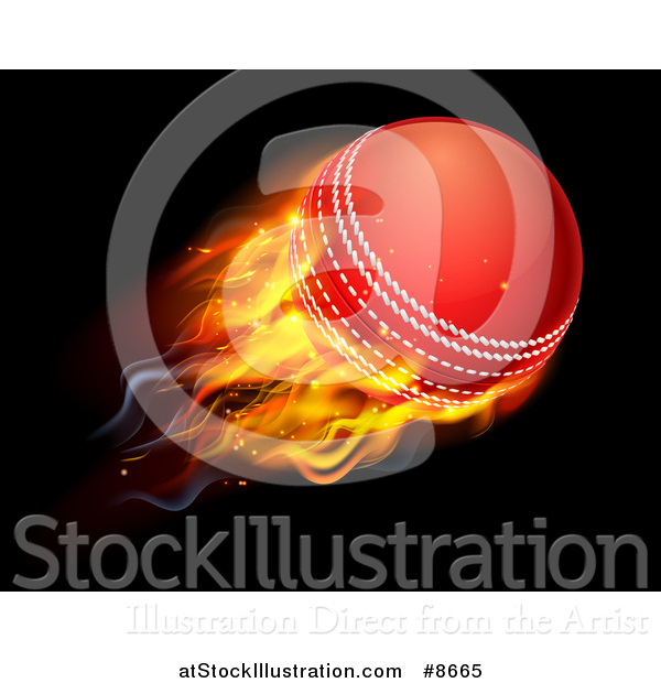 Vector Illustration of a 3d Flying and Blazing Cricket Ball with a Trail of Flames, on Black
