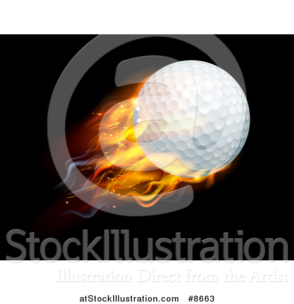 Vector Illustration of a 3d Flying and Blazing Golf Ball with a Trail of Flames, on Black