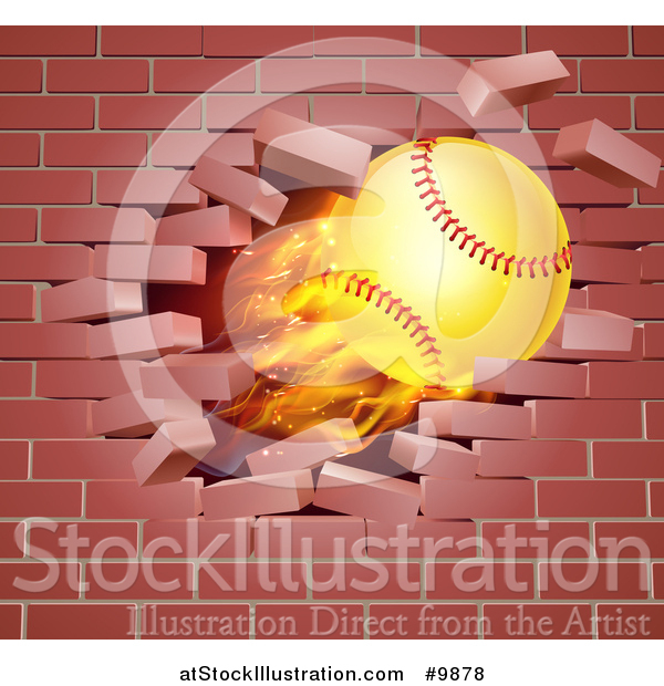 Vector Illustration of a 3d Flying and Blazing Softball with a Trail of Flames, Breaking Through a Brick Wall