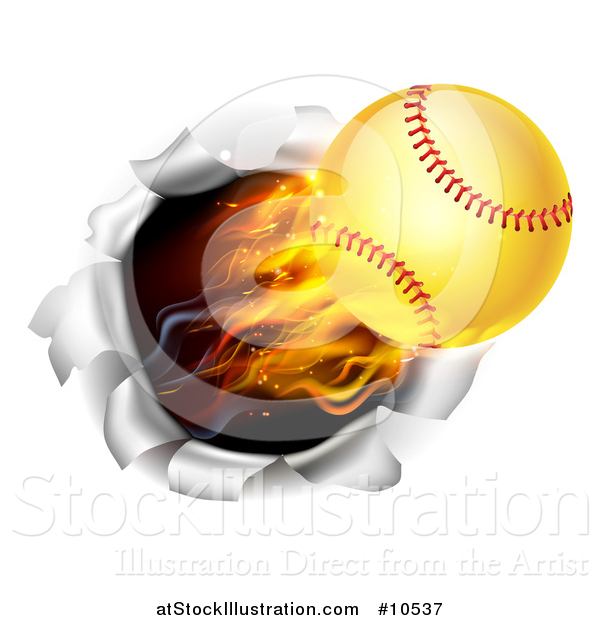 Vector Illustration of a 3d Flying and Blazing Softball with a Trail of Flames, Breaking Through a Wall
