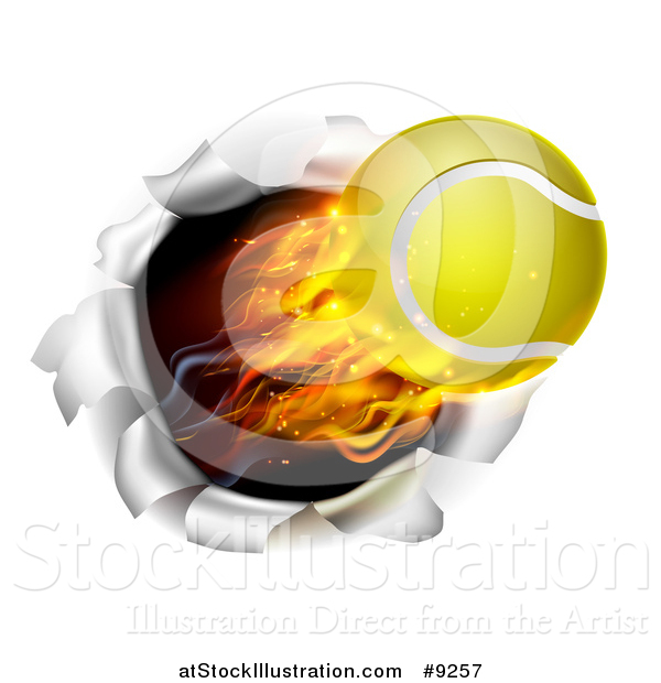 Vector Illustration of a 3d Flying and Blazing Tennis Ball with a Trail of Flames, Breaking Through a Wall