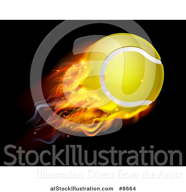 Vector Illustration of a 3d Flying and Blazing Tennis Ball with a Trail of Flames, on Black
