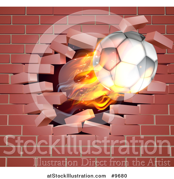 Vector Illustration of a 3d Flying Flaming Soccer Ball Breaking Through a Brick Wall