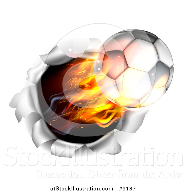 Vector Illustration of a 3d Flying Flaming Soccer Ball Breaking Through a Wall