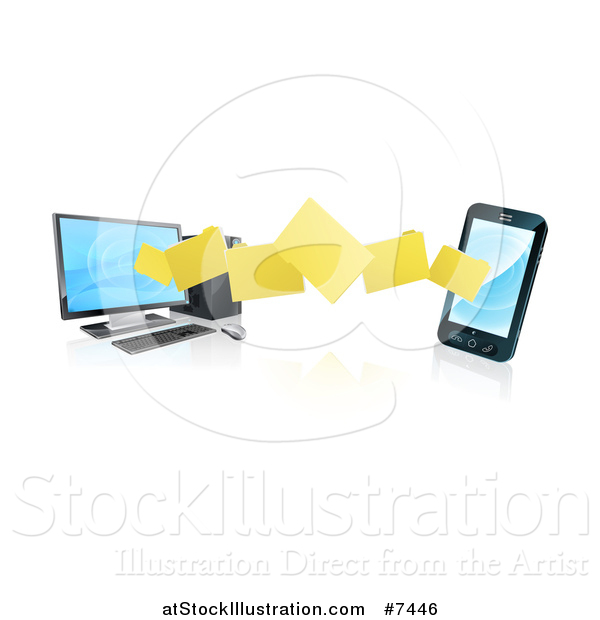 Vector Illustration of a 3d Folder File Transfer from a Desktop Computer to a Smart Cell Phone, with Reflections