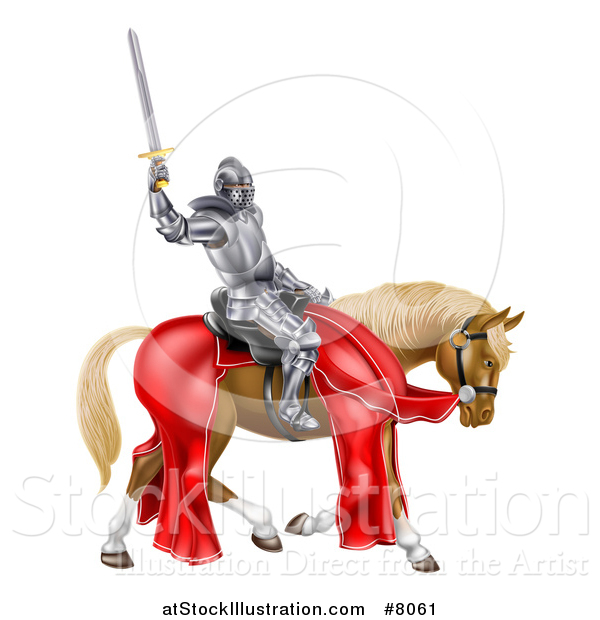 Vector Illustration of a 3d Full Armored Medieval Knight on a Brown Horse, Holding up a Sword