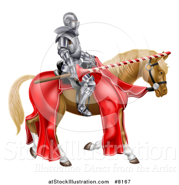 Vector Illustration of a 3d Fully Armored Jousting Knight Holding a Lance on a Brown Horse