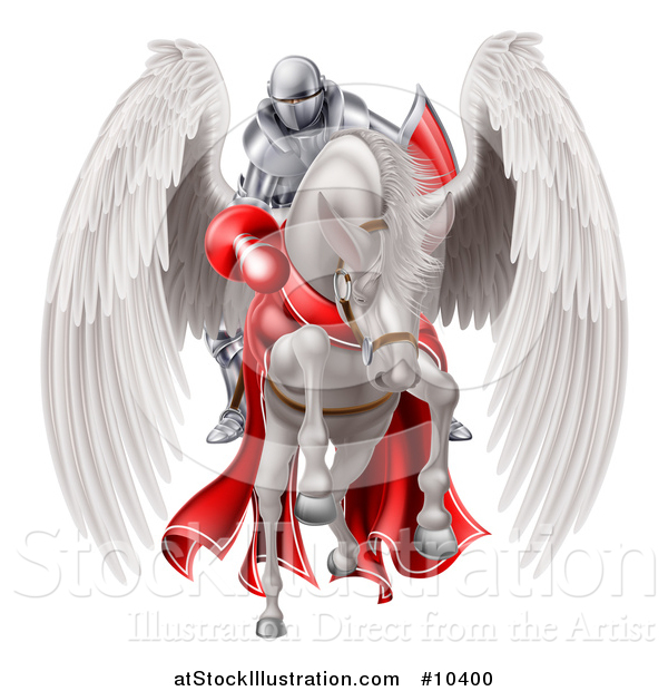 Vector Illustration of a 3d Fully Armored Medieval Jousting Knight Holding a Lance on a White Pegasus Horse As They Charge Forward