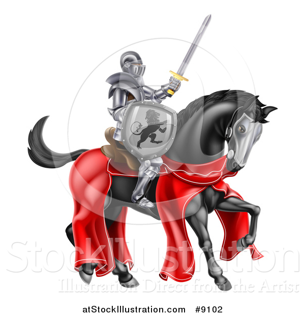 Vector Illustration of a 3d Fully Armored Medieval Knight on a Black Horse, Holding a Sword and Shield