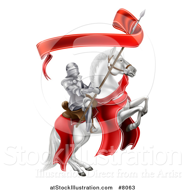 Vector Illustration of a 3d Fully Armored Medieval Knight on a Rearing White Horse, Holding a Banner Ribbon on a Spear
