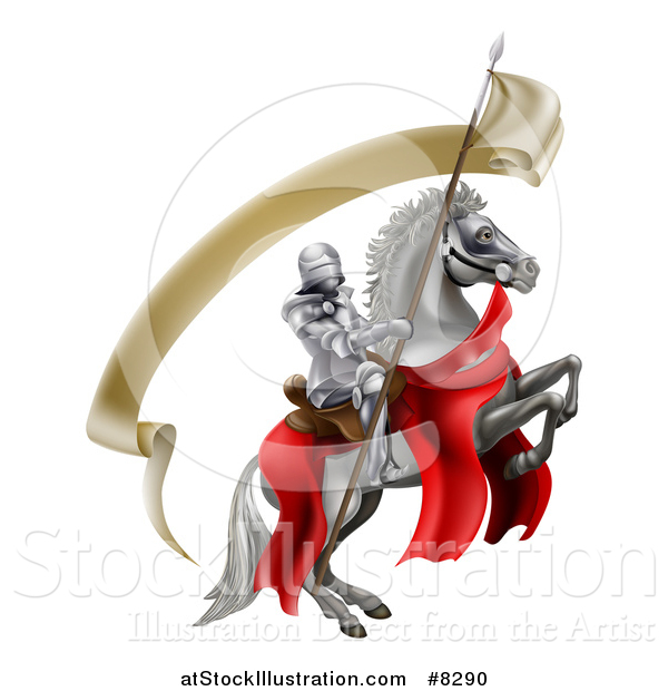 Vector Illustration of a 3d Fully Armored Medieval Knight on a Rearing White Horse, Holding a Spear Flag