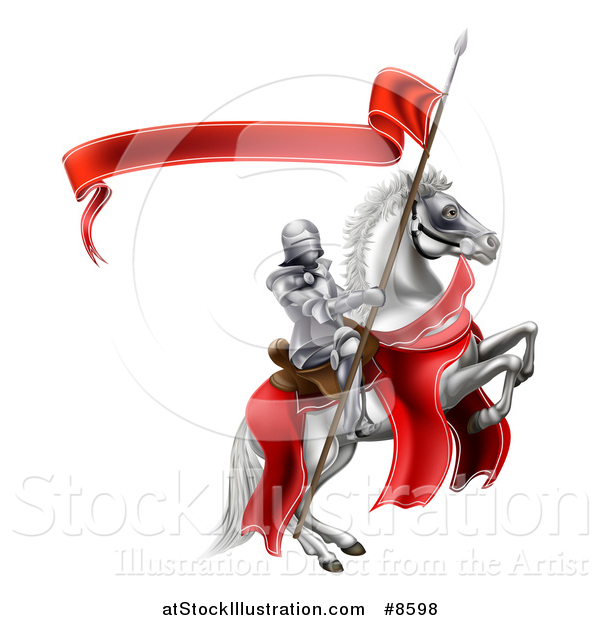 Vector Illustration of a 3d Fully Armored Medieval Knight on a Rearing White Horse, Holding a Spear Flag