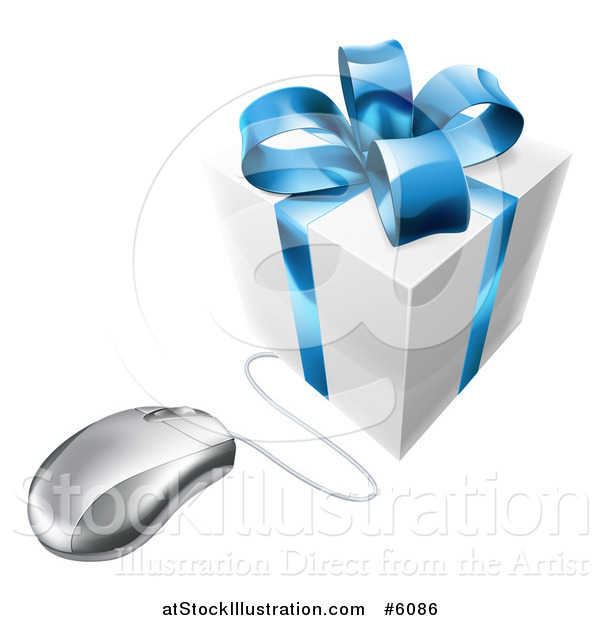 Vector Illustration of a 3d Gift Box with a Blue Bow Wired to a Computer Mouse