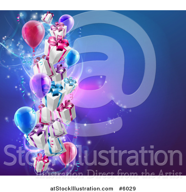 Vector Illustration of a 3d Gift Boxes and Party Balloons over a Blue Background