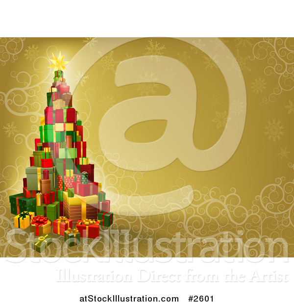 Vector Illustration of a 3d Gift Tower Christmas Tree over Gold with Snowflakes and Swirls