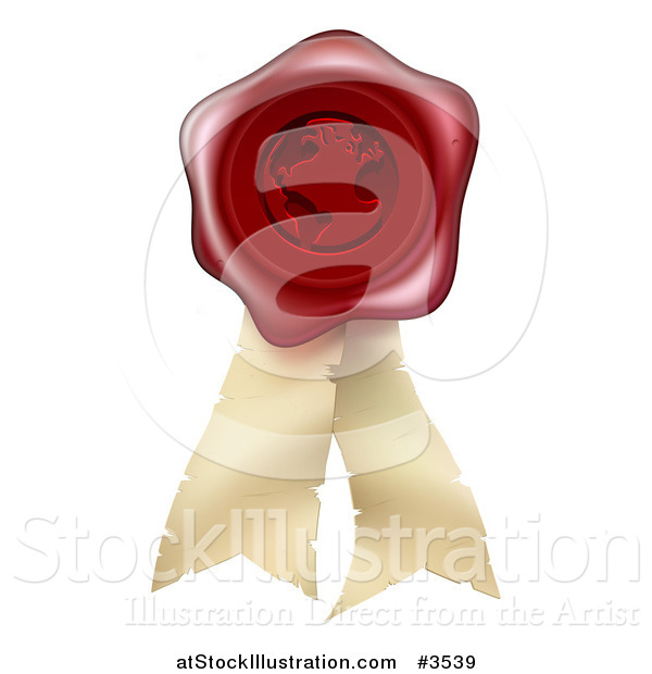 Vector Illustration of a 3d Globe Red Wax Seal and Parchment Ribbons
