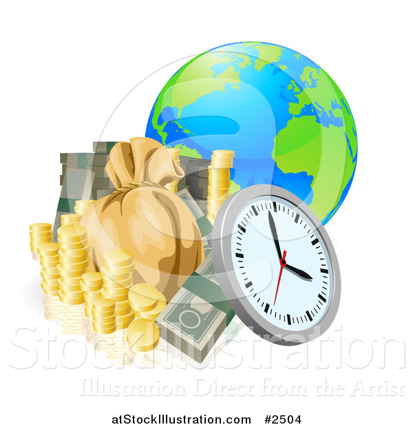 Vector Illustration of a 3d Globe with Money and a Clock