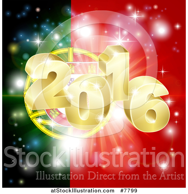 Vector Illustration of a 3d Gold 2016 and Fireworks over a Portugal Flag