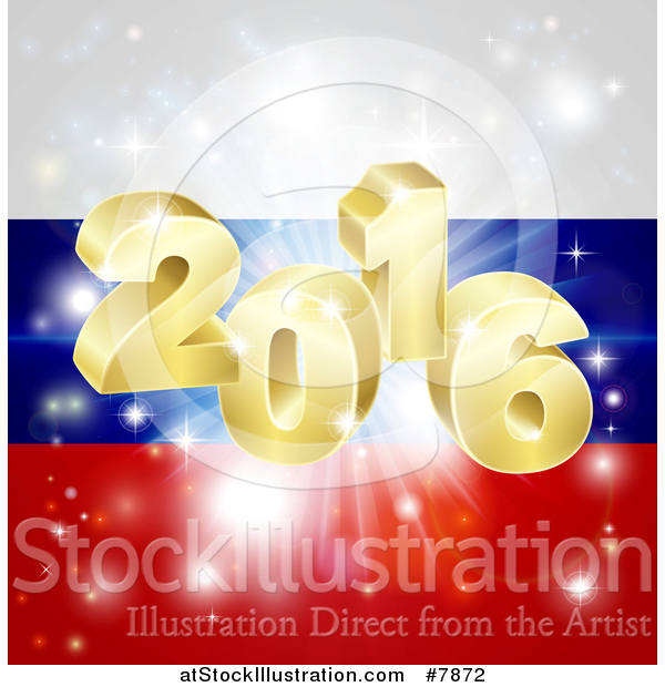 Vector Illustration of a 3d Gold 2016 Burst and Fireworks over a Russian Flag