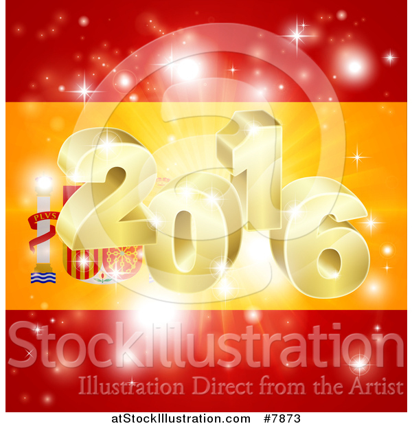 Vector Illustration of a 3d Gold 2016 Burst and Fireworks over a Spanish Flag