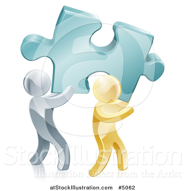 Vector Illustration of a 3d Gold and Silver Men Carrying a Large Solution Puzzle Piece