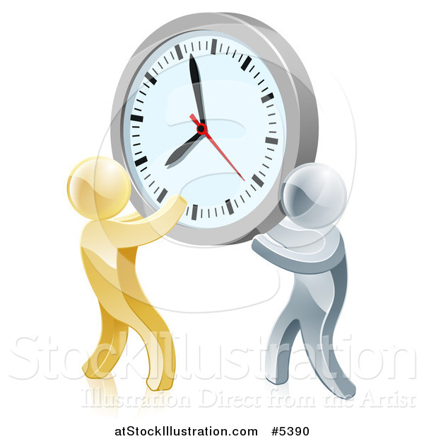 Vector Illustration of a 3d Gold and Silver Men Holding up a Clock