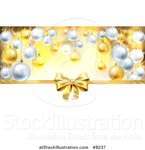 Vector Illustration of a 3d Gold Christmas, Birthday or Other Holiday Gift Bow and Ribbon over Baubles with Gold and White