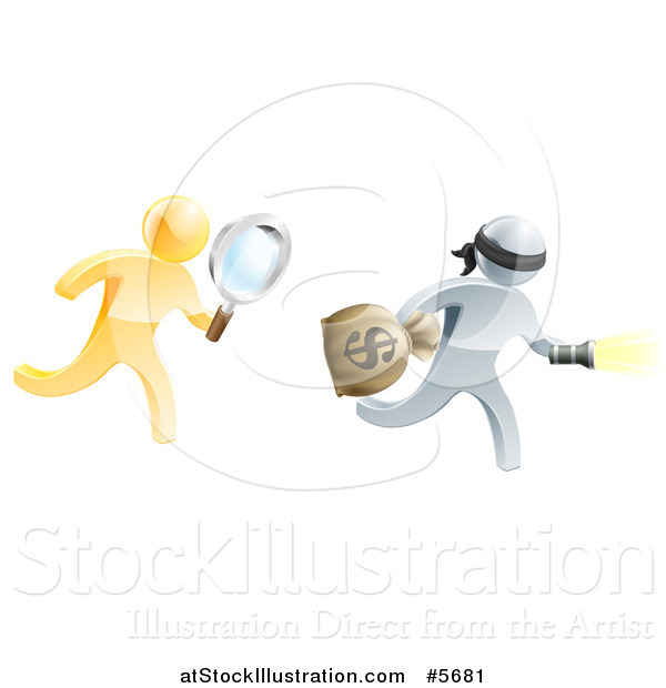 Vector Illustration of a 3d Gold Detective Chasing a Silver Robber with a Magnifying Glass
