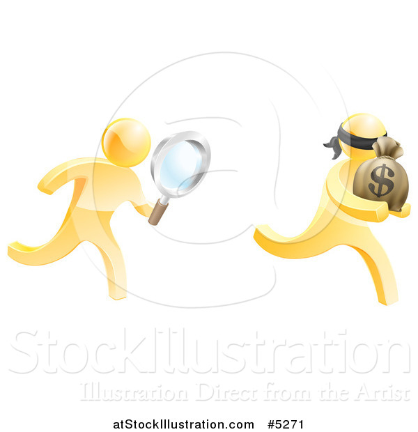 Vector Illustration of a 3d Gold Detective Chasing a Thief with a Magnifying Glass