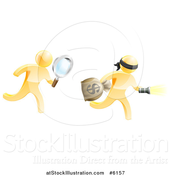 Vector Illustration of a 3d Gold Detective Chasing a Thief with a Magnifying Glass