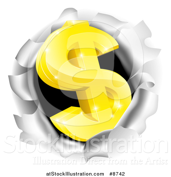 Vector Illustration of a 3d Gold Dollar Currency Symbol Breaking Through a Hole