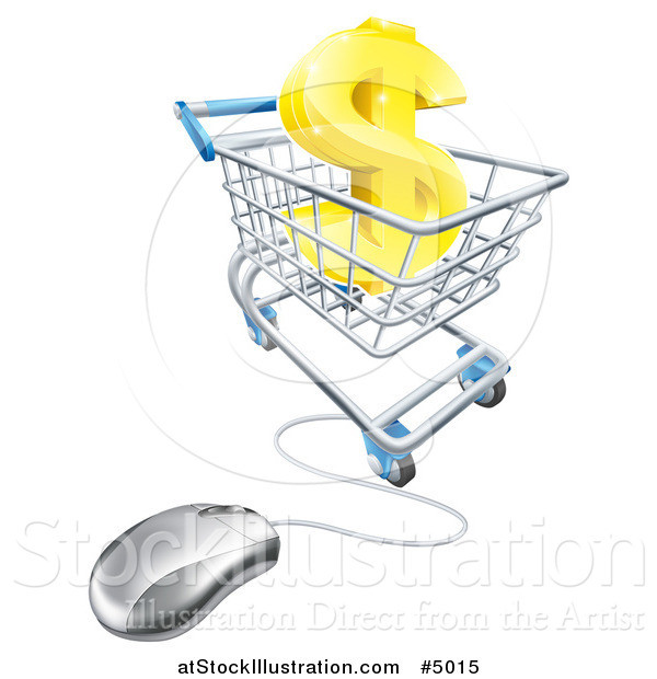 Vector Illustration of a 3d Gold Dollar Symbol in a Shopping Cart with a Computer Mouse