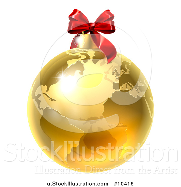 Vector Illustration of a 3d Gold Earth Globe Christmas Bauble with a Red Bow