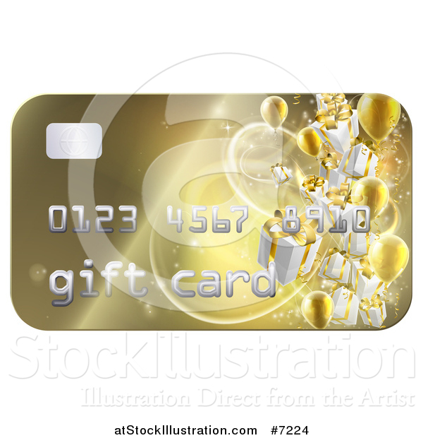 Vector Illustration of a 3d Gold Gift Card with Presents and Balloons