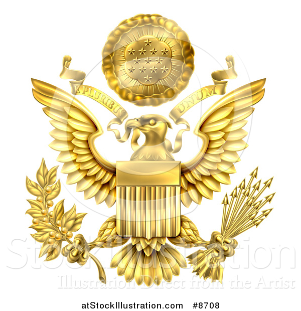 Vector Illustration of a 3d Gold Great Seal of the United States with a Bald Eagle Holding an Olive Branch and Arrows, an American Flag Body and E Pluribus Unum Scroll and Stars over His Head
