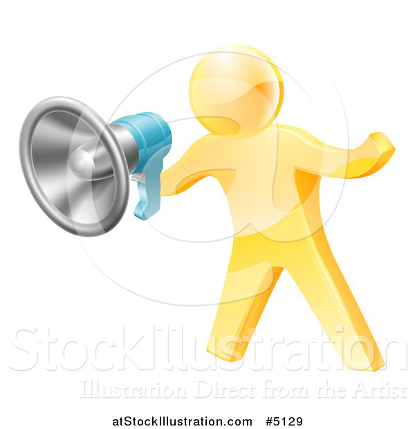 Vector Illustration of a 3d Gold Man Announcing with a Megaphone