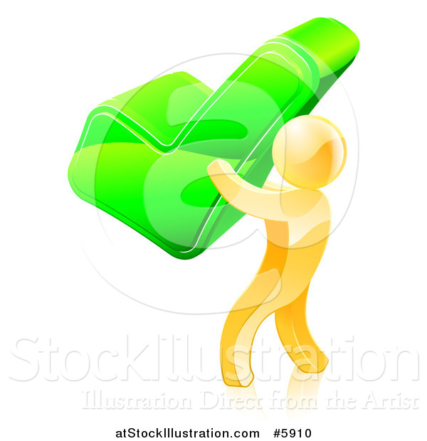 Vector Illustration of a 3d Gold Man Carrying a Giant Green Check Mark