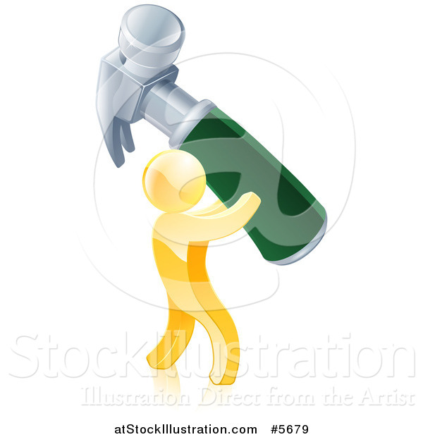 Vector Illustration of a 3d Gold Man Carrying a Giant Hammer