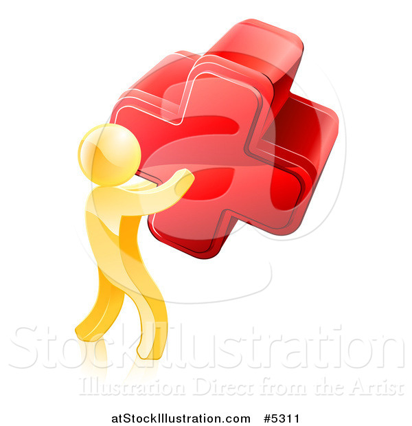 Vector Illustration of a 3d Gold Man Carrying a Giant Red Cross X