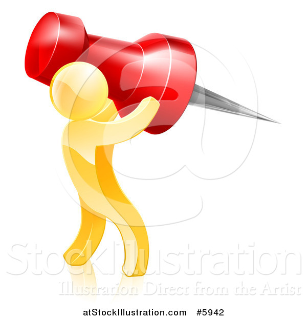 Vector Illustration of a 3d Gold Man Carrying a Giant Red Pin