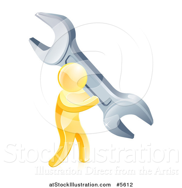 Vector Illustration of a 3d Gold Man Carrying a Giant Wrench