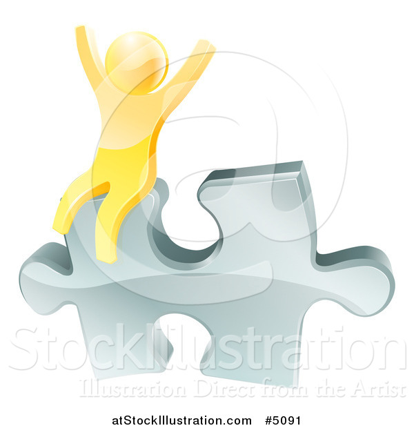 Vector Illustration of a 3d Gold Man Cheering on a Silver Solution Puzzle Piece