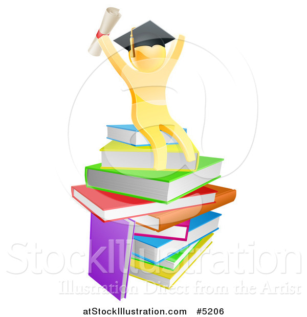 Vector Illustration of a 3d Gold Man Graduate Cheering with a Diploma on Books