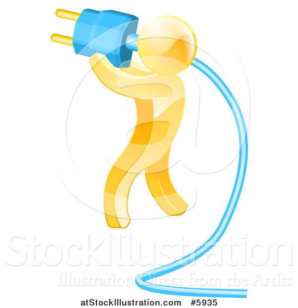 Vector Illustration of a 3d Gold Man Holding a Giant Plug